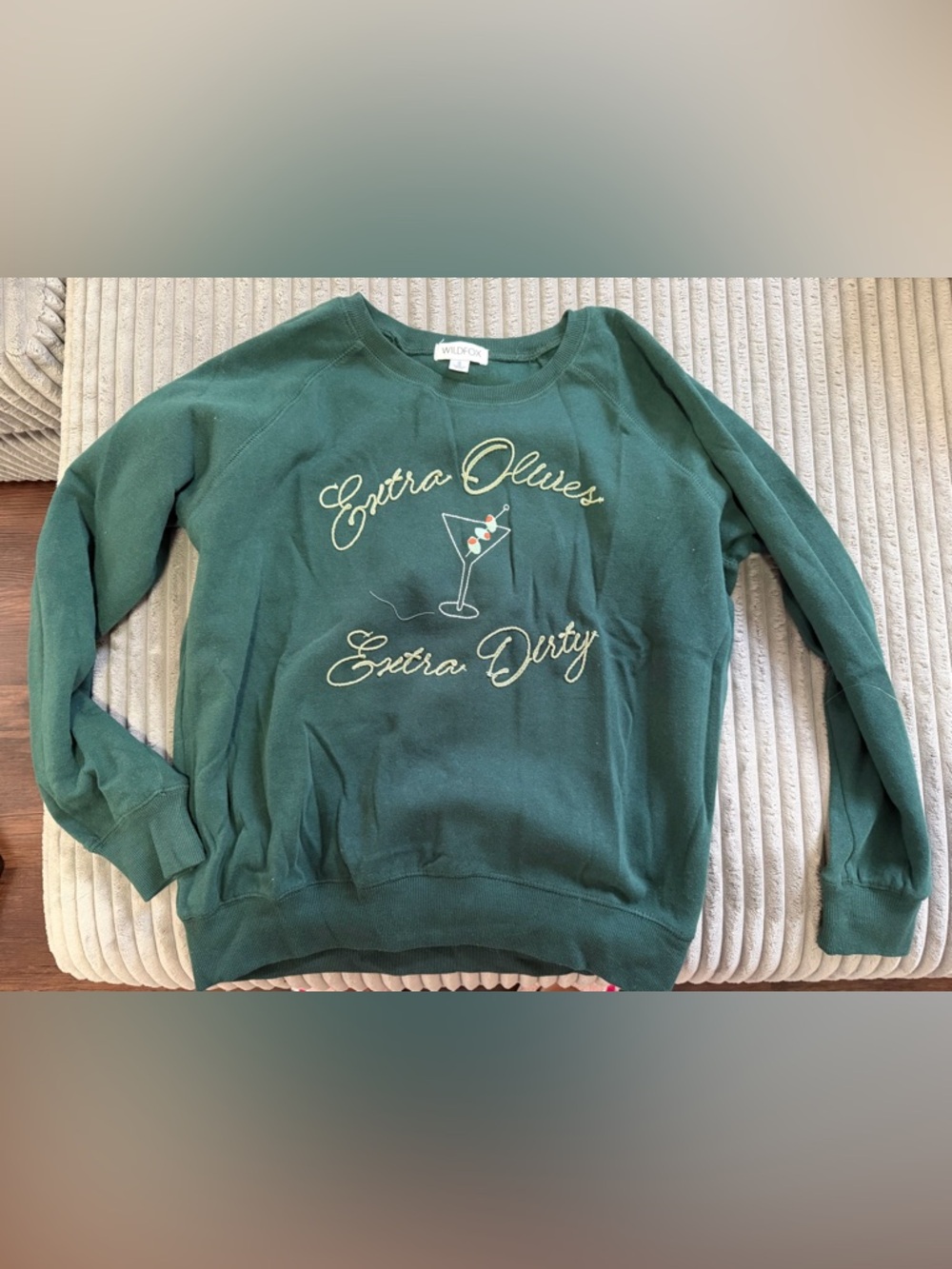 Wildfox Forest Green 'Extra Olives Extra Dirty' Embroidered Crew